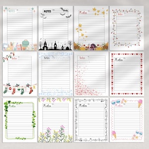 May include: A collection of twelve rectangular note pages featuring various themed borders including school supplies, Halloween silhouettes, autumn leaves, holiday lights, Christmas stockings, snowflakes, hearts, clovers, wildflowers, and summer treats.