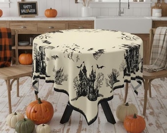 Haunted Mansion Halloween Tischdecke Spukhaus Tischdecke mit Fledermäusen Halloween Dekor für quadratische oder runde Tischdecke