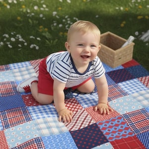 Outdoor Blanket Patriotic Patchwork Picnic Blanket: Red, White, Blue Outdoor Mat (61" x 51") Summer Picnic Blanket 250th Anniversary Stadium