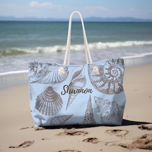 Strand Tragetasche mit Muscheln Weekender Tasche für Pool Urlaub Passende Tasche und Handtuch Geschenk für sie Familienurlaub Blue Shell Design Tote