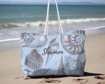 Strand Tragetasche mit Muscheln Weekender Tasche für Pool Urlaub Passende Tasche und Handtuch Geschenk für sie Familienurlaub Blue Shell Design Tote