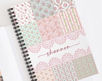 Cuaderno personalizado rosa con estampado floral, cuaderno personalizado en espiral, cuaderno coqueto, cuaderno personalizado en espiral, cuaderno bonito