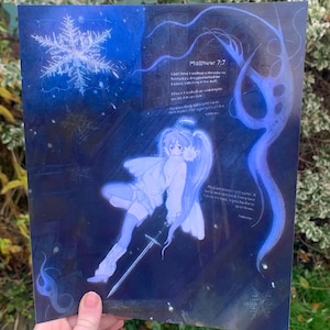 May include: A blue and white illustration of a female anime character with long blue hair and a sword. The character is surrounded by a blue and white background with snowflakes. The text "Matthew 7:7" is written in the upper right corner of the image. The text reads: "Lost time I walked in the snow, my footsteps dragged behind me, heavy, cold, hung in the air. When I looked up cold angels,  janda & in my eyes, now I see a different new,  now I see the crystallization,  more than the crystal,  colder."