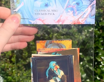 May include: A sticker pack featuring a blue-haired anime character in a classical setting. The sticker pack is labeled "Classical Miku Sticker Pack".