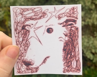May include: A red and white line drawing of a dog's head with a star above it. The dog's eye is a black circle with a white dot in the center.