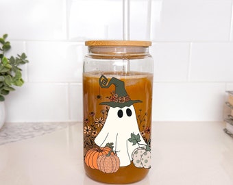 Spooky Halloween iced coffee glass, ghost iced coffee cup, cottagecore fall cup, ghost glass cup, fall iced coffee cup, halloween beer can