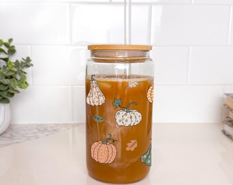 Cottagecore fall iced coffee glass cup, cottagecore fall cup, pumpkin glass cup, halloween beer can, autumn glass cup, fall iced coffee cup