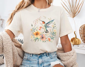 Hummingbird shirt, hummingbirds shirt, birdwatching shirt, hummingbird t-shirt, floral hummingbird tee, hummingbird gift, hummingbird gifts