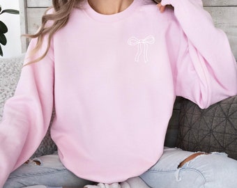 Coquette bow sweatshirt, coquette ribbon bow side pocket sweatshirt, coquette crewneck, minimalist pink bow pullover sweatshirt, pink bow