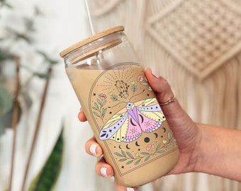 Moth Iced Coffee Glass, moth glass cup, moth glass, iced coffee cup, ice coffee glass, lunar moth cup, celestial glass cup, moth gift