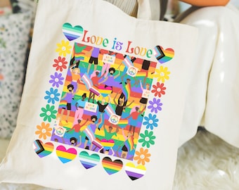 Love is love tote bag, pride tote bag, rainbow pride tote, lgbtq rainbow bag, ally pride straight, queer pride bag, gay pride tote bag, lgbt