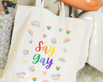 Gay pride tote bag, say gay tote bag, say gay, pride stuff, pride tote bag, pride bag, lgbtq tote bag, gift for lgbtq, pride month gift