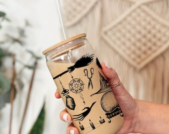 Witch iced coffee glass, witchy tumbler, witch cup, witch glass can, Halloween glass tumbler, witch glass tumbler, vintage halloween glass