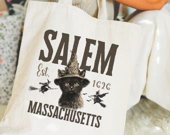 Salem Massachusetts tote bag, witch tote bag, black cat tote bag, witchy tote bag, trick-or-treat bags, Halloween cat tote bag, Salem trip