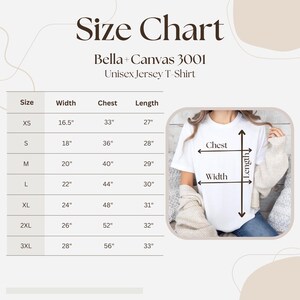 May include: Size chart for Bella + Canvas 3001 Unisex Jersey T-Shirt. The chart shows measurements for width, chest, and length in inches for sizes XS to 3XL.