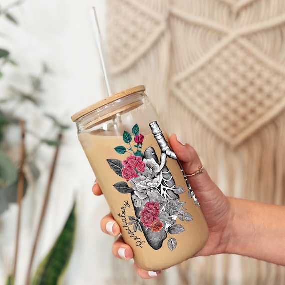 Respiratory therapist iced coffee glass cup, respiratory therapist tumbler, respiratory therapist gift, rt gifts, rt graduation gifts