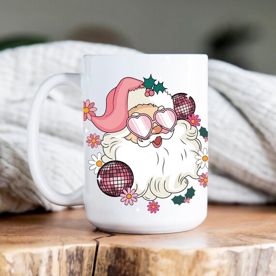 Pink Santa Mug, Retro Pink Santa Christmas Mug, Disco Santa Mug