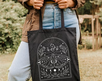 Moth tote bag, moth bag, moth tote, goth tote bag, moon tote bag, lunar moth tote bag, moth gift, cottage core bug, lunar moth, dark florall