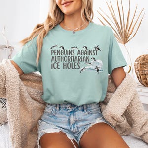 May include: A light blue t-shirt with a graphic of penguins flying over a wave and the text "Penguins Against Authoritarian Ice Holes".