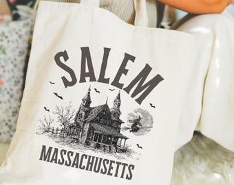 Salem Massachusetts tote bag, witch tote bag, Salem tote, witchy tote bag, trick-or-treat bags, retro witch bag, Salem trip tote bag