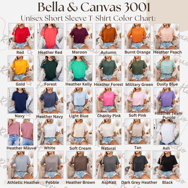 May include: Color chart for Bella + Canvas 3001 unisex short sleeve t-shirts. The chart shows 24 different colors, including red, heather red, maroon, autumn, burnt orange, heather peach, gold, forest, heather kelly, heather forest, military green, dusty blue, navy, heather navy, light blue, charity pink, soft pink, heather team purple, heather mauve, white, soft cream, natural, tan, ash, athletic heather, pebble, heather brown, asphalt, dark grey heather, and black.
