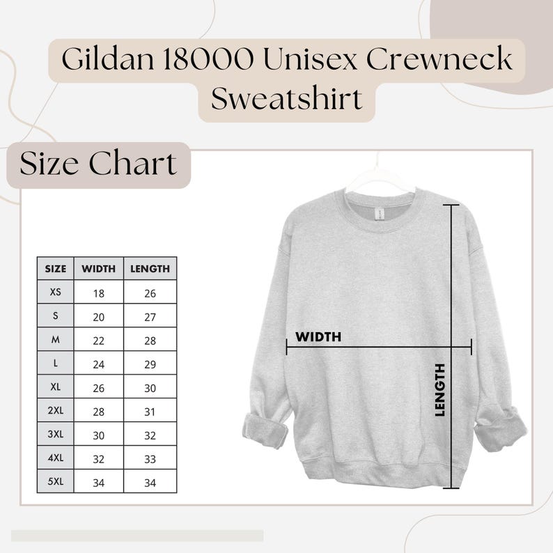 K&ouml;nnte beinhalten: Gr&ouml;&szlig;entabelle f&uuml;r ein Gildan 18000 Unisex Crewneck Sweatshirt. Die Tabelle zeigt die Breite und L&auml;nge in Zoll f&uuml;r die Gr&ouml;&szlig;en XS bis 5XL.