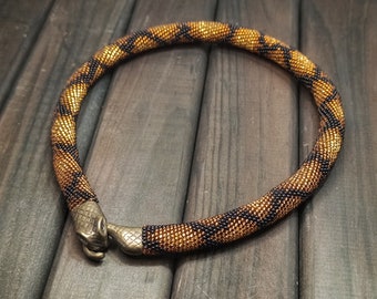 Statement gold snake necklace Ouroboros, Short beaded necklace for her