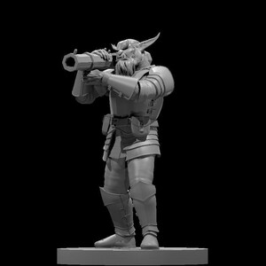 May include: A grayscale figurine of a horned warrior in armor, holding a large, cylindrical weapon. The figure is standing on a rectangular base against a black background. The armor includes shoulder pads, leg guards, and a belt with pouches.