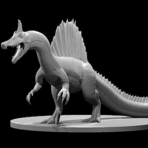 May include: A grayscale 3D model of a Spinosaurus dinosaur. The model features a large dorsal sail, a long snout with visible teeth, and a long tail. The dinosaur is posed on a circular platform against a black background.