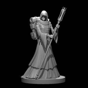 May include: A gray, hooded figure with a backpack and a staff, standing on a round base. The figure is wearing a long robe and has a skeletal face.