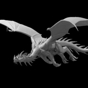 May include: A white 3D model of a dragon in flight with its wings spread wide. The dragon has a long tail and sharp claws.