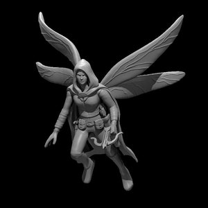 May include: A grey figurine of a winged woman with a hood, holding a crossbow. She is wearing a tunic and leggings, and has a belt with pouches. Her wings are spread out behind her.