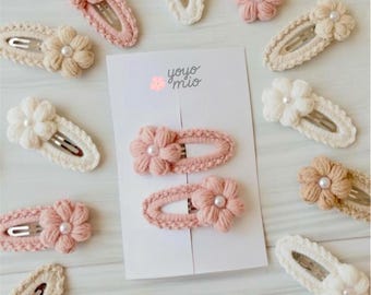 Handmade Pearl Flower Crochet Hair Clip – Pastel Cotton Hair Accessory, Elegant Floral Barrette, Gift for Girls