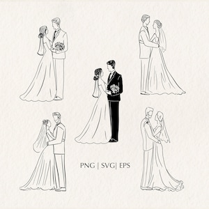 Casal de casamento preto e branco contorno desenhado à mão Clipart SVG PNG Ícones de noiva e noivo Clip art pacote para ilustrações de convites de casamento