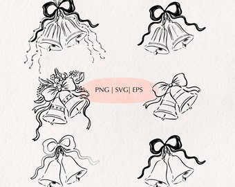 Set of Wedding Bells Clipart SVG PNG Black & White Hand Drawn Wedding Day Icons Illustrations for Wedding Invitations Party Bridal Bells PNG