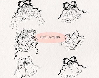 May include: Set of six black and white illustrations of wedding bells with bows. The bells are drawn in a simple, elegant style.