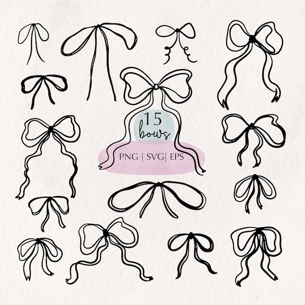 15 Hand Drawn Bows SVG PNG EPS Icons Clipart for Wedding Stationary Invitations Birthday Cards Dinner Menu, Ink Bows Icons Clipart