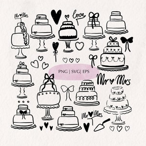 Hochzeitstorte mit Schleife SVG PNG Bundle handgezeichnete Hochzeit schwarz weiß Clipart Icons für Hochzeitseinladungen Geburtstagskarten Tee Abendessen SVG