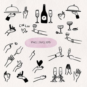 Mãos SVG Desenhado à mão Felicidades Cin Cin Casamento Clipart PNG Anel Coração Champanhe Taças de vinho Ícones para convites de aniversário Menu de jantar de festa
