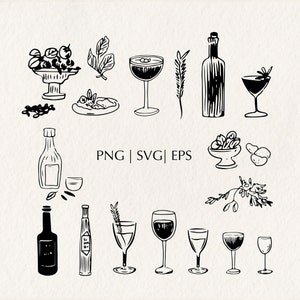Comida italiana e bebidas Jantar de casamento SVG PNG Ícones de menu Clipart Mão desenhada Comida Vinho Ilustração Clipart Champanhe Ícones de taças de vinho