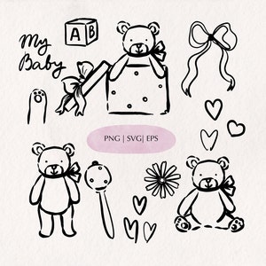 Teddybär mit Schleife & Herzen handgezeichnete Clipart SVG PNG Babypartyeinladungen Kinder Geburtstagskarten, Tinte Hochzeit Herzen Bogen Icons Clipart
