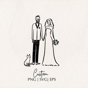 Custom minimalist ink wedding couple portrait illustration, Couple Portrait drawing with pet