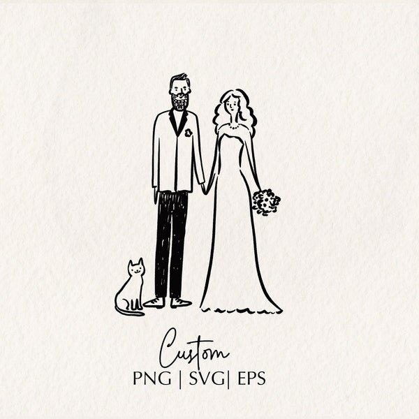 Personalisierte Hochzeit Illustration mit Haustier, perfekt für Portraits, Hochzeitspaare