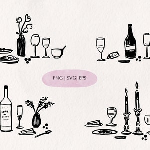 4 ręcznie rysowane włoskie zestawy jedzenia i napojów SVG czarno-białe ikony kolacji weselnej, ilustracja atramentowa menu ze świecami winnymi przed wieczorem