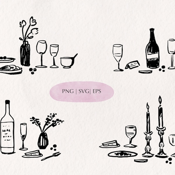 4 Hand Drawn Italian Food & Beverage Sets SVG Black White Wedding Dinner Clipart Icons, Menu Ink Illustration with Wine Candles Night Before