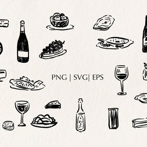 Conjunto de jantar italiano de alimentos e bebidas ícone do menu de casamento SVG PNG frutos do mar vinho queijo clipart desenhado à mão ilustração de ostra ícone de copo de vinho