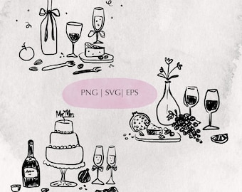 Wedding Dinner Table Ink Icons for Wedding Invitation with Food and Beverage Art SVG PNG EPS, Hand Drawn Wedding Illustrations Clipart