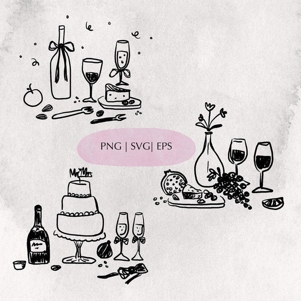 Icônes d'encre de table de dîner de mariage pour faire-part de mariage avec des aliments et des boissons Art SVG PNG EPS, Clipart Illustrations de mariage dessinés à la main