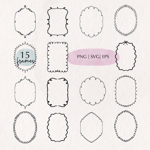 15 molduras desenhadas à mão SVG Clipart para convites de casamento Cartões de aniversário Menu de jantar de festa Chuveiro de noiva PNG Ilustrações de casamento Clip art