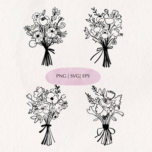 Set von 4 handgezeichneten Blumenstrauß SVG PNG Floral Icons Clipart für Hochzeitseinladungen Black & White Line Art, Blumen Illustration Clipart